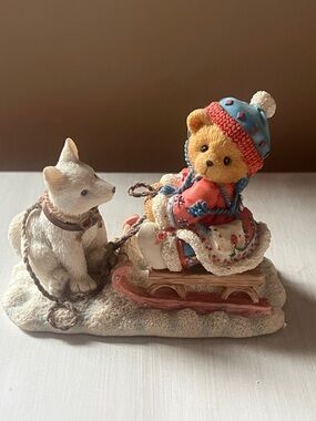 1996 Cherished Teddies Bear on Sled Figurine with Puppy